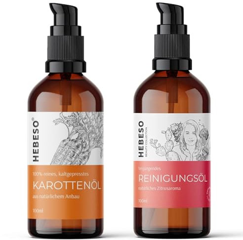 Organisches Karottenöl & Verjüngendes Reinigungsöl Set - 100ml x 2 | Für sichtbare, natürliche Bräune & sanfte, effektive Reinigung | Mit Vitamin E, 5 pflegenden Ölen & UV-Schutz