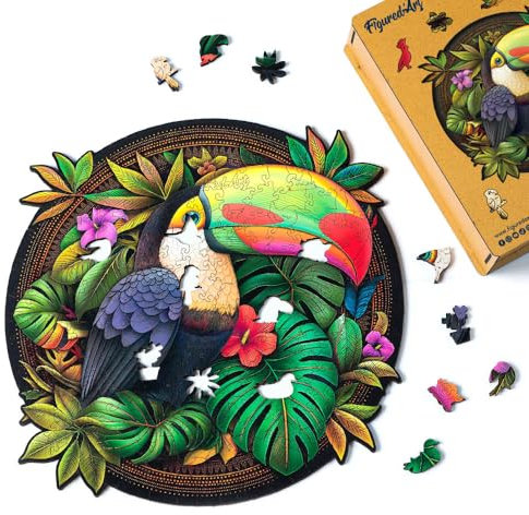Figured'Art Holzpuzzle Erwachsene und Kinder 200 Teile Tiere - Tropischer Tukan - Originelles Design 28,5x28,5 cm Einzigartige Form mit Premium-Holzkiste