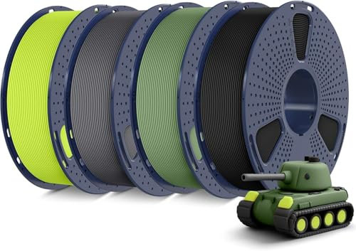 SUNLU 4KG Matte PLA Filament 1.75mm Set, 3D Drucker Filament mit Matter Oberfläche, Neatly Wound PLA Filament, Einfach zu Bedienen, 1KG/Spule, 4-Pack, Schwarz+Olivgrün+Grau+Neon Gelb