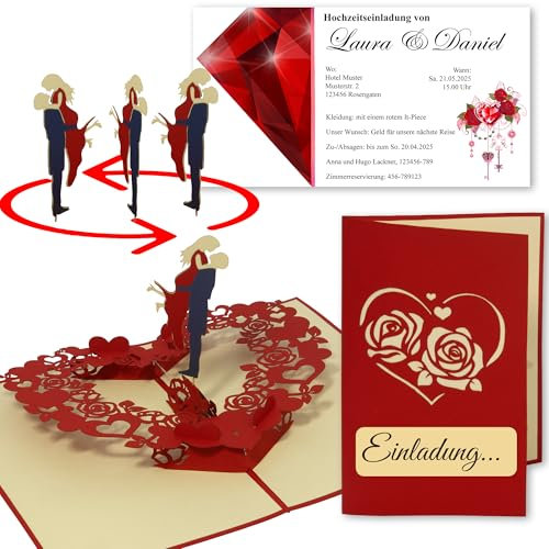 LINPOPUP® Individuelle Hochzeit Einladungskarten - personalisiert Pop - Up 3D Karten 1-100 Stück selbst gestalten Hochzeitseinladungen - mit passenden Umschläge, 300g/qm Papier (N34-Personalisierung)