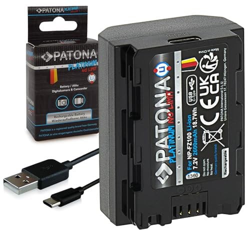 PATONA Platinum NP-FZ100 Akku 2600mAh USB-C Input kompatibel mit Sony NPFZ100 NP FZ100 Alpha 6600 6700 A6600 A6700 A1 A9 9R 9S II A7 III IV A7R 7C 7CR 7S 7R A7III V R3 R4 FX3 FX30 A7C2 A7R3