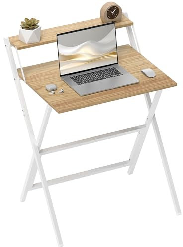 HOMCOM Folding Desk with Monitor Shelf, 70 cm Foldable Computer Desk for Small Spaces, Space Saving Writing Table Workstation for Home Office, Study, Easy Assembly, Natural Wood Finish