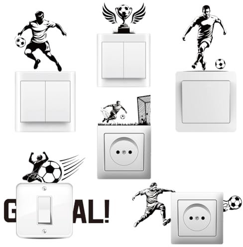 AHANDMAKER 6 Types Football Silhouette Light Switch Stickers, Black Soccer Player Theme Wall Sticker Switch Decals for Light Switch, Outlets, Ledge Bedroom Living Room Classroom