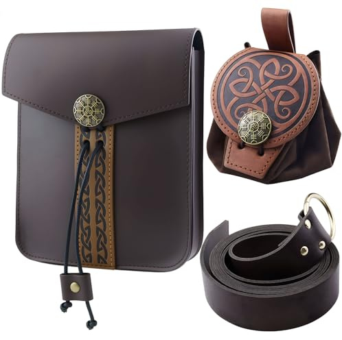 cersaty 3 Stk Gürteltasche Leder Mittelalter Set, Braun Gürteltasche Damen Mittelalter Herren für Cosplay,Game Party, Karneval, Alltägliche Kleidung