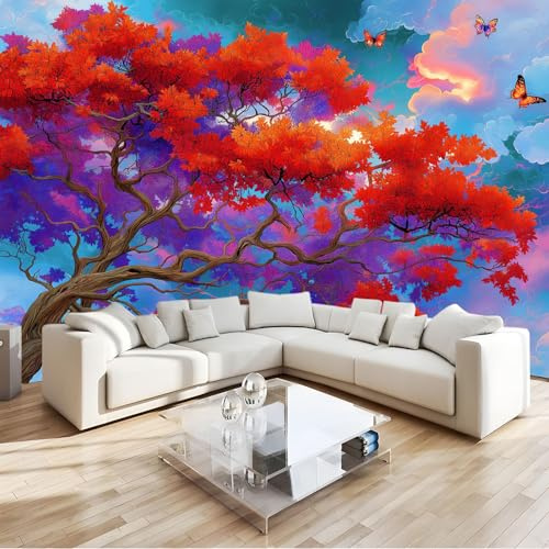 Papier Peint Panoramique Magnifique Lumineux Papillons Arbres 400 x 280 cm Poster Geant Mural 3D, Photo Peinture Murale, Couleur Papier Peint Intissé Fresque pour Salon Chambre Toile Fond TV
