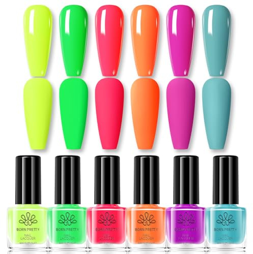 Born Pretty Vernis à Ongles Fluorescent, 6 Couleurs Fluo Néon Bleu Orange Rose Vert Jaune Séchage Rapide Longue Durée pour DIY Nail Art Manucure