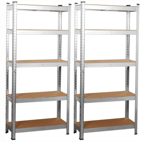 2er Set Schwerlastregal Premium, Befestigungsmaterial 1750kg, 10 verstellbare Stabiles Regal MDF-Platten, für Lagerregal Kellerregal Garage Metallregal Werkstattregal (silbern, 2er-90x40x180cm)