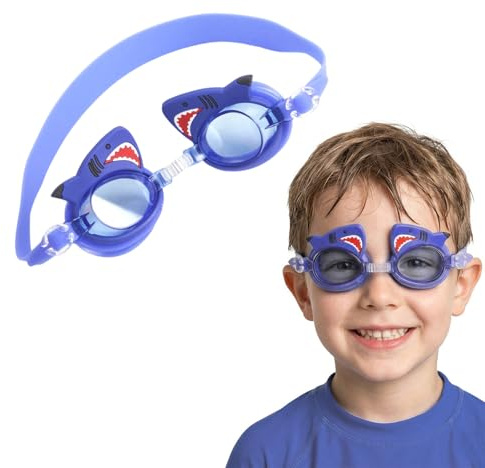 1 Gafas de natación infantiles azules con forma de tiburón, lentes antivaho y protección UV, diadema ajustable, para piscina y mar.