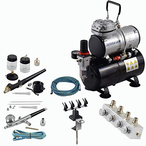 Agora-Tec® Airbrush Komplett-Set PROFI XV.1, inkl. Kompressor mit 4 bar, 20l/min und 3 Liter Tank + 2 Airbrushpistolen mit 0,2 & 0,3 & 0,5 & 0,8mm Nadeln/Düsen + regelbaren 4-fach Luftdruckverteiler + 4-fach Halter + 2 Schläuche + Adapter