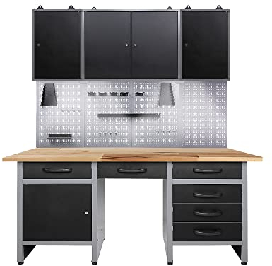 Ondis24 Werkstatteinrichtung mit LED Beleuchtung, 160 cm breit, Werkbank, Werkzeugschrank, Werkzeugwand