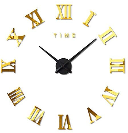 FAS1 Moderne DIY Große Wanduhr Big Armbanduhr Aufkleber 3D Spiegel Aufkleber Römischen Ziffern Wanduhr Home Office Abnehmbarer Dekoration (Akku Nicht Enthalten) Gold