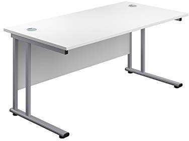Office Hippo Heavy Duty Rectangular Cantilever PC Desk, Home, Table, Integrated Cable Ports, 5 Yr Wty, Silver Frame, White Top, 160 x 80 x 73 cm