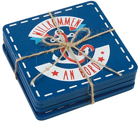 Maritime Untersetzer aus MDF-Holz für Tassen und Gläser, 10,5 x 10,5 cm, dunkelblau-Weiss-rot, mit Ankermotiv und Spruch Willkommen an Bord, 4er Pack, zur farbenfrohen maritimen Tischdekoration.