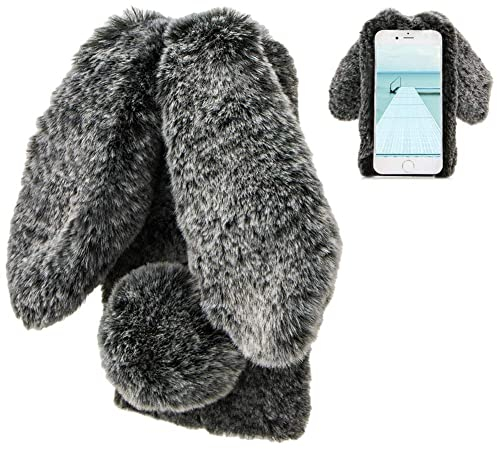 LCHDA Plüsch Hülle für iPhone 7 Plus/8 Plus Künstlicher Haar Flauschige Kaninchen Handyhülle Mädchen Süße Hasen Ohren Fell Niedlich Handytasche Stoßfest Schützend TPU Silikonhülle - Schwarz