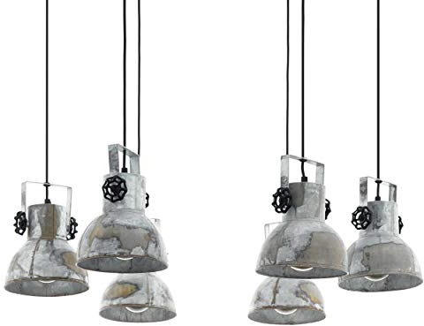 EGLO Pendellampe Barnstaple, 6 flammige Vintage Pendelleuchte im Industrial Design, Retro Hängelampe aus Stahl im Zink Used-Look, Holz, Farbe: Braun-Patina, Schwarz, Fassung: E27