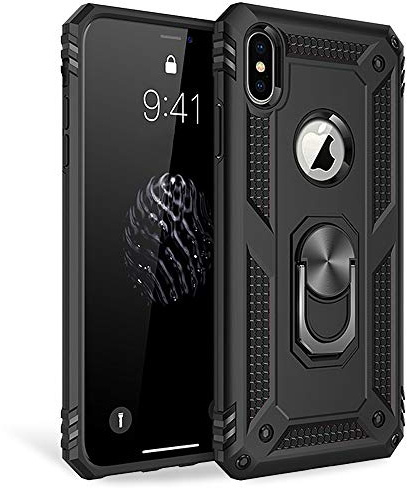 NALIA Panzerhülle für iPhone XS Max - Ring-Ständer 360° - Hülle, Schwarz | 2-lagiger Aufprallschutz, TPU-Kern mit PC-Außenschale, Integrierte Metallplatte, Griffig bei Nässe, RINGDEFEND