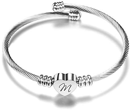 VQYSKO Damen Mädchen Herz Armband Armkette-Rostfreier Stahl Initiale Armband Mit Gravur Damen, Golden/Stahlfarbe/Roségold/Brief Frauen Armreif(Silber Farbe M)