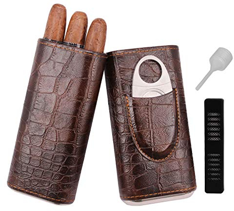 Amancy Zigarrenetui mit Krokodil-Muster, Leder, mit Zedernholz ausgekleidet und Cutter, Schwarz/Braun