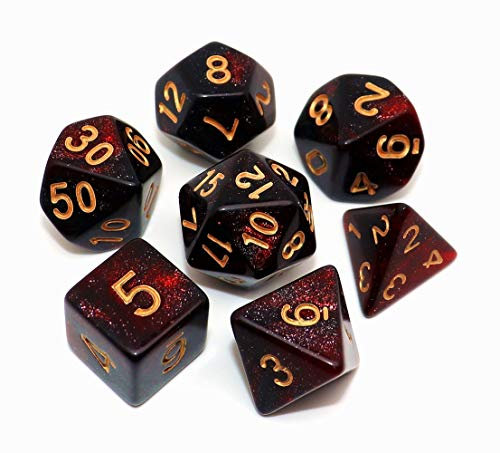 CREEBUY Polyedrisches Würfelset für Dungeon and Dragons, Rollenspiele, 7 Stück, Rot mit Schwarz-Nebel