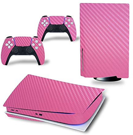 HAO Carbon Fibre Skin for PS5 Console and 2 Controllers Sticker Same Decal, Durable, Scratch Resistant, Bubble-Free Cover Compatible with Playstation 5 (Black,Playstation 5) (Pink,Playstation 5)