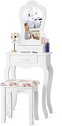 COSTWAY Schminktisch Set mit abnehmbarem Spiegel, Kosmetiktisch Makeup Tisch mit gepolstertem Hocker und 3 Schubladen, Vintage Frisertisch Schminkkommode (Weiß)