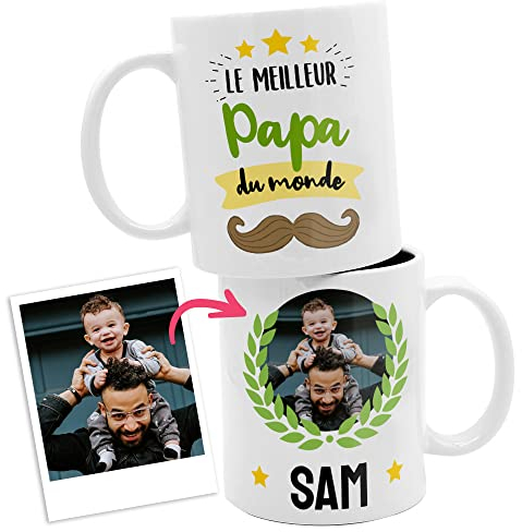 ETIKIDS Tasse LE MEILLEUR PAPA DU MONDE avec prénom et photo personnalisés. Idéal cadeau de Noël ou d'anniversaire personnalisé original. Tasse de petit déjeuner en céramique (Meilleur Papa)