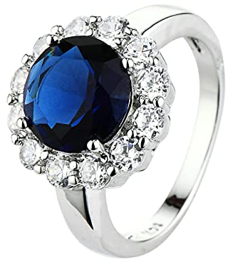 Lieson Frauen Ringe Weißgold, Ehering Damen Vergoldet Blume Trauringe Für Frauen Rund Blau Zirkonia Ring Größe 60 (19.1)