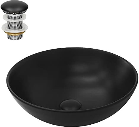 ML-Design Lavabo en Céramique Noir Mat, Ø 40x14,5 cm, Vasque à Poser Rond, Moderne, Cuvette avec Bouchon de Vidange sans Trop-Plein Inclus, Lave-Mains Comptoir Élégant, Évier pour Salle de Bain/WC