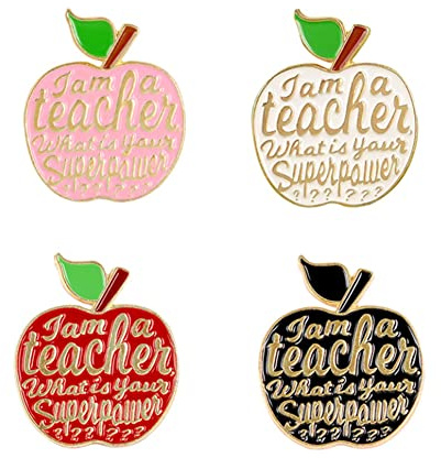 Lot de 4 broches en émail en forme de pomme - Épingles en émail de dessin animé - Badge mignon « Teacher's Superpower » - Broche de style universitaire - Badge de fête des enseignants, Métal