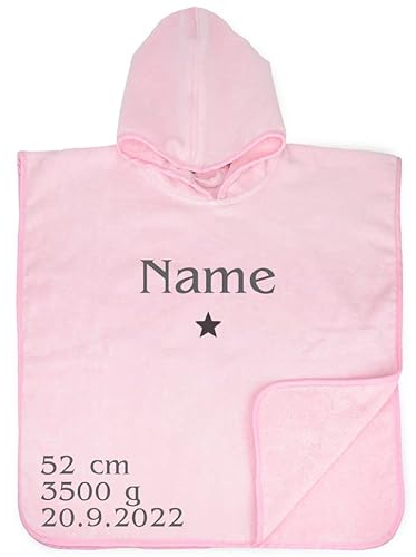 Schnoschi Baby Bade Poncho rosa mit Namen Bestickt 55 x 55 cm Bademantel Badetuch Kapuzenhandtuch Taufe Geschenk