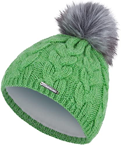 Compagno Strickmütze Mütze Damen Wintermütze Bommelmütze Norwegen Zopfmuster gefüttert Winter Fleece Futter Beanie 98, Farbe:Grün