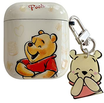 Soft TPU Case with Keychain Charm for Apple AirPods 1 2 AirPods1 AirPods2 1st 2nd Generation 2019 Winnie The Pooh Bear Yellow Color Disney Anime Cartoon Cute Lovely Adorable Kids Girls