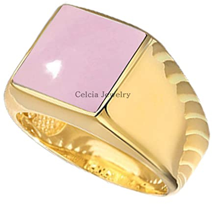 18K Yellow Gold Plated Anello in argento sterling 925 massiccio per uomo, Natural Rose Quartz 12MM Gemstone Anello con sigillo, Unique Handcrafted October Birthstone Ring