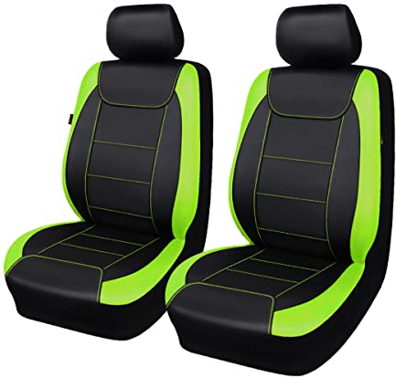 Flying Banner Universal Carbon Fibre Leather Car Seat Covers Airbag Compatible Seat Protector (Front Pair, Black and Fluorescent Green)