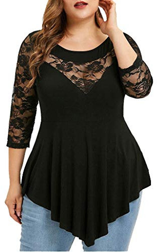 Plus Size Tops for Women 20-22 UK Loose Fit Lace Baggy Oversized T Shirt 3/4 Sleeve Curved Hem Floral Lace Blouses Elegant Crew Neck Patchwork Long Length Ladies Tunic Tops Sale Clearance