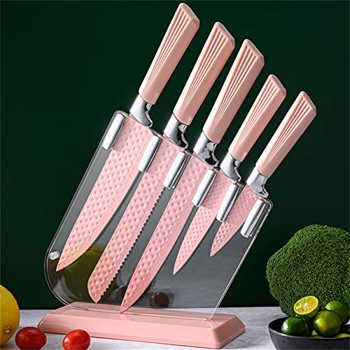 Set di coltelli da 6 pezzi con ceppo e affilacoltelli in acrilico - Set di coltelli da cucina affilati in acciaio inossidabile - Set di coltelli professionali da chef - Coltello da chef,Rosa