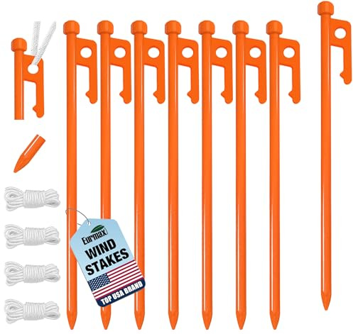 Eurmax USA 10 inch Multiuse Heavy Duty Steel Tent Stakes Tarp Pegs Camping Stakes for Outdoor Camping Canopy and tarp with 4 Ropes 10FT Length,8pcs(Orange)