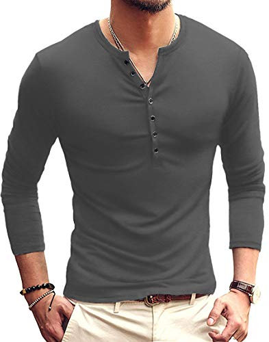 KUYIGO Mens Casual Slim Fit Basic Henley Long Sleeve Fashion T-Shirt S Dark Grey