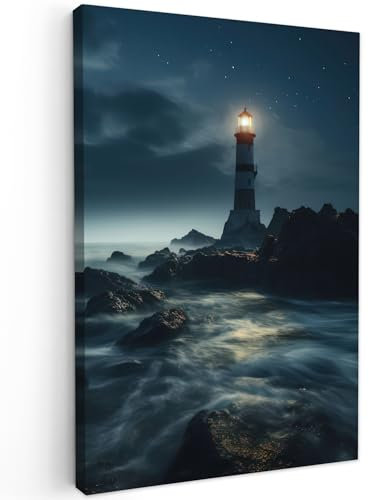 MuchoWow© Leinwand 60x90 cm Deko Schlafzimmer Aesthetic Leinwandbilder Wohnzimmer Gemälde Foto Geschenk Living Room Decoration Maritime - Leuchtturm - Meer - Nebel - Felsen - Maritim - Natur