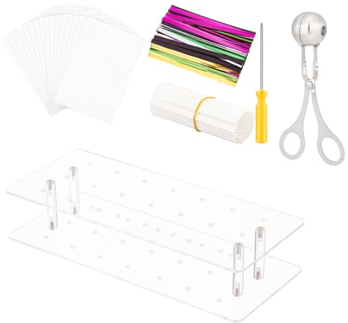 OLYCRAFT 302 Pcs Cake Pop Display Stand Cake Pop Maker Kit Acrylic Lollipop Pop Holder with Handles Bags Lollipop Sticks Twist Ties Lollipop Cake Pop Treat Bag Set for Candies Chocolates and Cookies