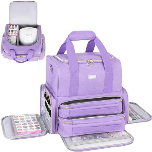 Purple Nail Organiser Case - Double Layer Carrying Bag Holds 80 Bottles - Includes Removable Bags & Nail Lamp