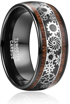 TUNGSTORY Wolfram Ring Herren 10mm Schwarz Steampunk Zahnräder Ring mit Holz Männer Ehering Größe 54.4(17.3)
