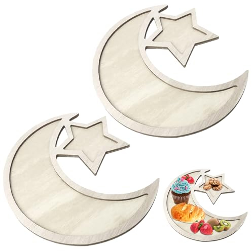 Ramadan Tablett, Holz Mond und Stern Gebäck Tablett Eid Mubarak Tischdeko Teller, Küche Obst Snack Tablett, Essen Servieren Eid Mubarak Platten für Essen Obst Snack Dessert Halter (2 Stücke)