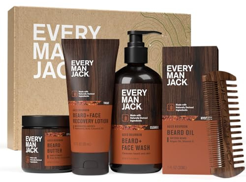 Every Man Jack Beard Essentials Gift Set for Men – Complete Routine with 5 Full-Size Essentials – Aged Bourbon Scent - Beard & Face Wash, Lotion, Oil, Butter & Comb