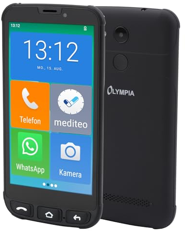 Olympia Neo Mini | Smartphone Senior Pantalla de 5 Pulgadas | Botón de Llamada de Emergencia y audífonos Compatible | Whatsapp & Mediteo preinstalado | Teléfono móvil para Personas Mayores sin