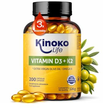 Vitamina D3 y K2 200 Cápsulas Liquidas con Omega 9 y Aceite de Oliva Virgen. Vitamina D3 2000 ui + Vitamina K2 MK7 100 μg Dosis equilibrada. Alta Absorción 3x. Apoyo Óseo e Inmunitario. d3 k2