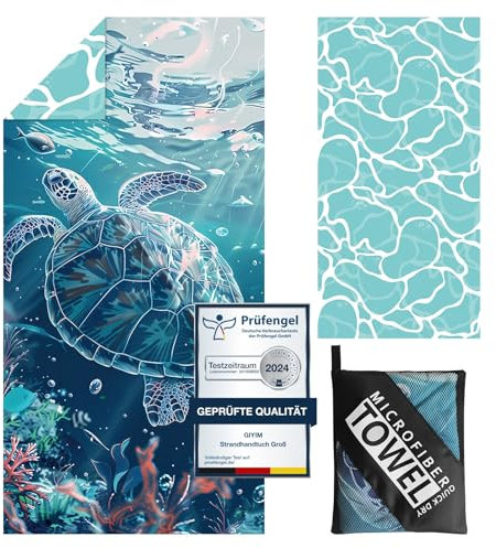 Giyim Strandtuch XXL - 180 x 100 cm Mikrofaser Handtuch mit Tasche, Saugfähig und Schnell Trocknende Strandhandtuch, Weiches & Leichtes Beach Towel für Strand, Schwimmen (Schildkröten)