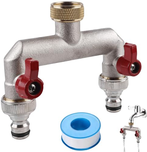 Distributore dell'acqua per rubinetto a 2 vie: distributore d'acqua da giardino in ottone per 2 adattatori per tubo da giardino, 2 distributori da 3/4 adattatore da 1/2 con valvola a sfera per