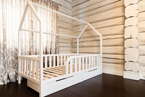 Mandrele - Montessori Bett, Hausbett mit Lattenrost und Schubladen, Rausfallschutz Bett, Bodenbett, Kinderbett, Holzbett mit Bettgestell für Jungen und Mädchen, 160x80cm, Natur Holz