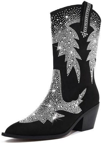 RONILURN Stivali da cowboy alti al ginocchio da donna con strass scintillanti stivali occidentali con strass Bling punta tacco grosso pull on stivali alti neri alla moda, Caviglia Nero, 40.5 EU